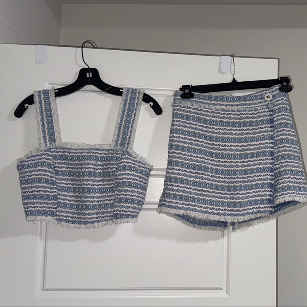 House of Harlow 1960 Blue and White Tweed Crop Top & Skort Set